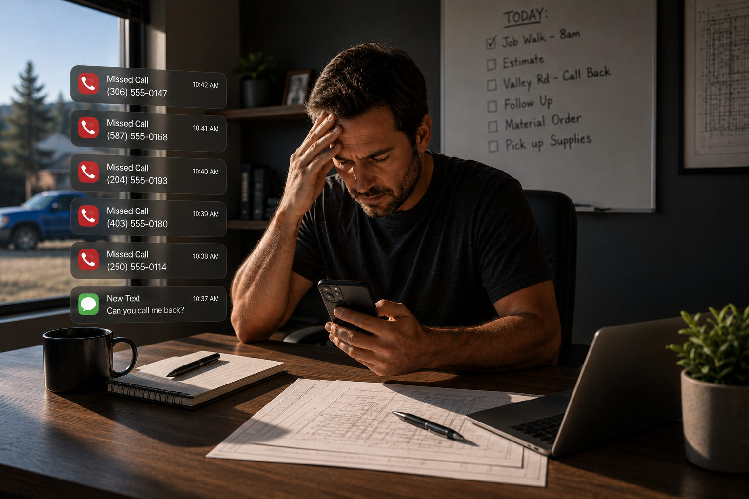 An overwhelmed desk with a phone ringing amid the chaos of a busy workday