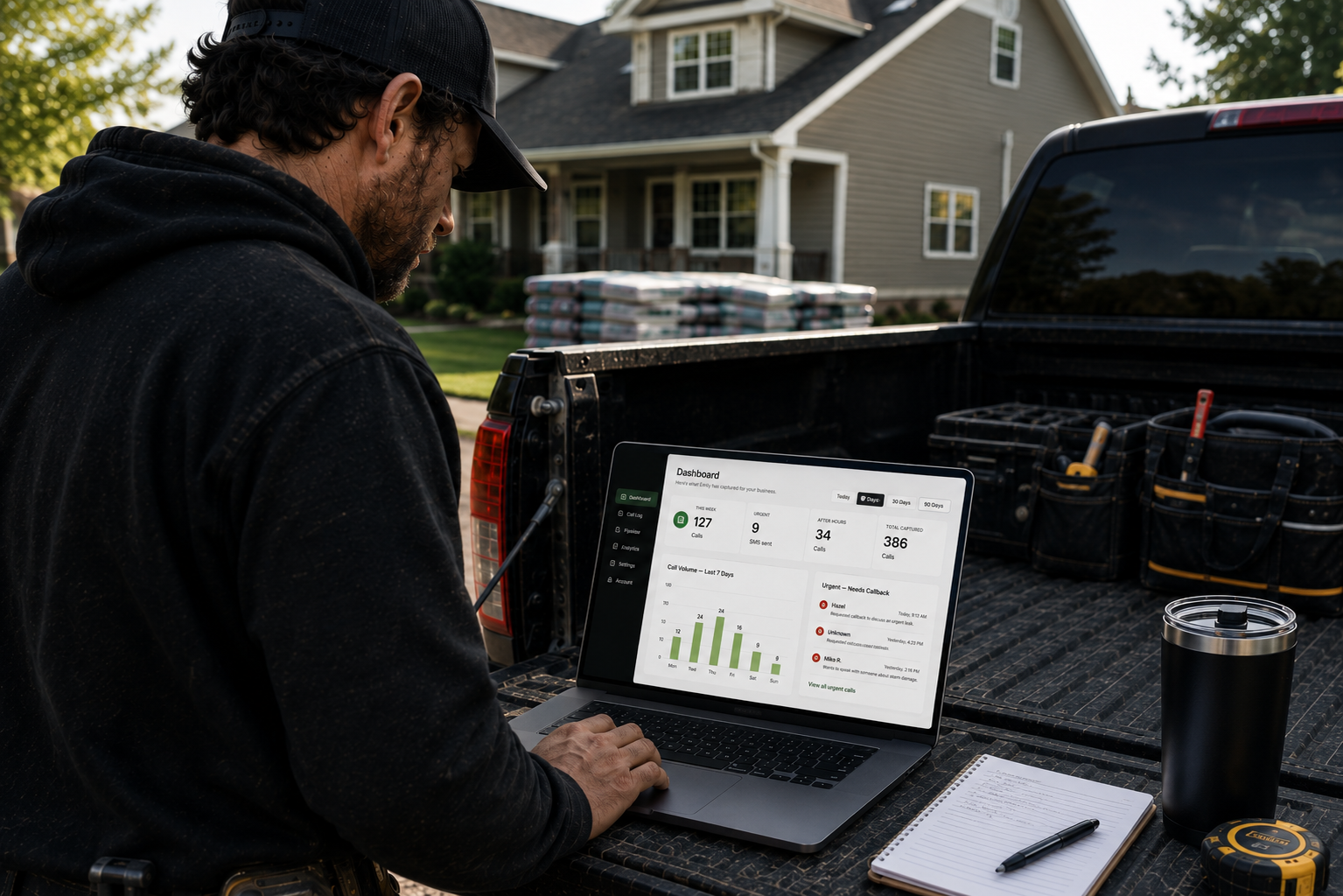 A tradesperson working from a laptop on a truck tailgate